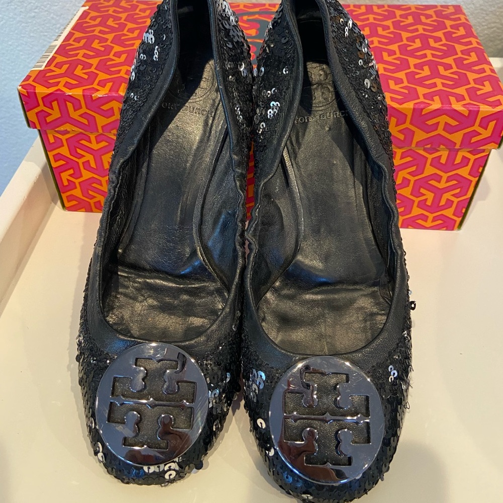 Tory Burch Reva Sequin Black Ballet Flat 8.5